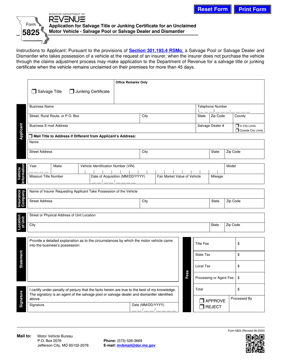 Form 5825 Application for Salvage Title or Junking Certificate for an Unclaimed Motor Vehicle - Salvage Pool or Salvage Dealer and Dismantler - Missouri, Page 1