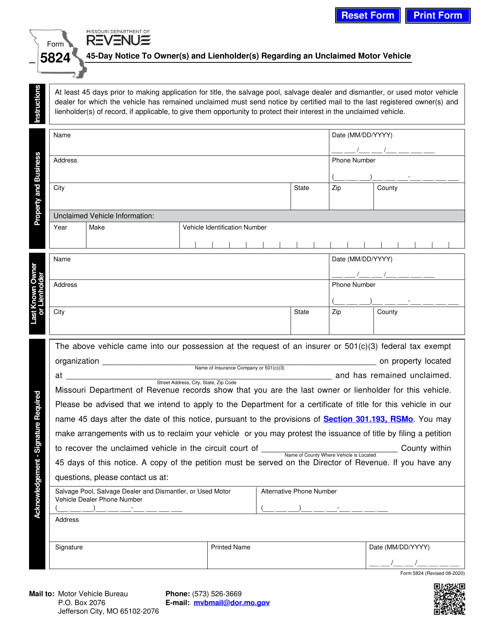 Form 5824 45-day Notice to Owner(S) and Lienholder(S) Regarding an Unclaimed Motor Vehicle - Missouri
