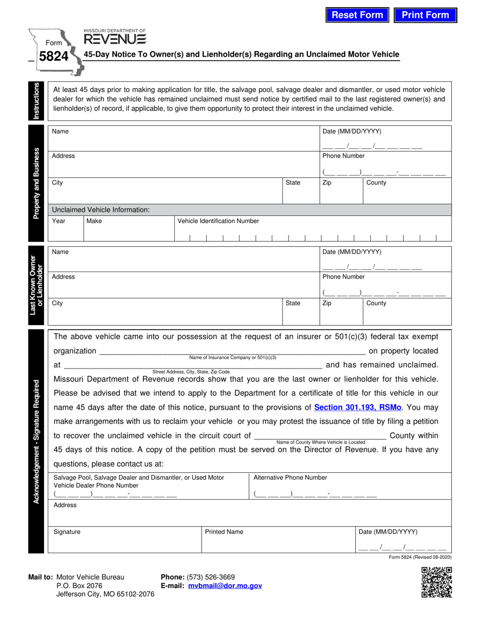 Form 5824 - Fill Out, Sign Online and Download Fillable PDF, Missouri ...