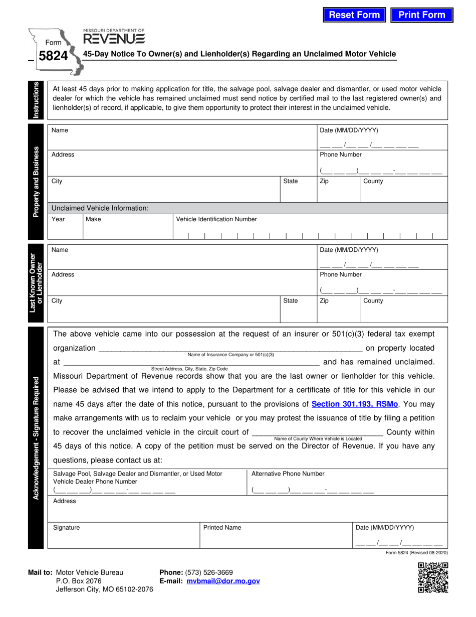 Form 5824 45-day Notice to Owner(S) and Lienholder(S) Regarding an Unclaimed Motor Vehicle - Missouri, Page 1