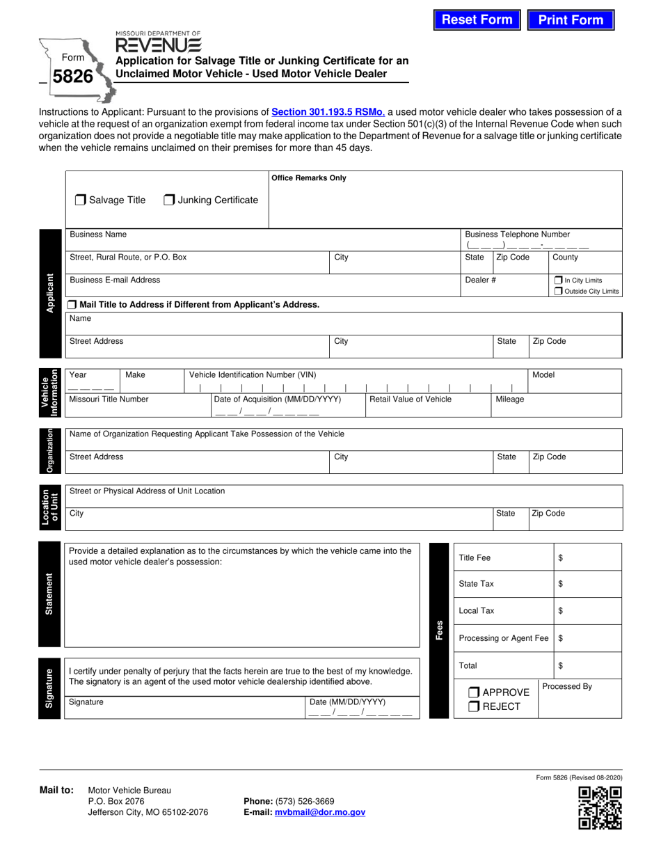 Form 5826 Application for Salvage Title or Junking Certificate for an Unclaimed Motor Vehicle - Used Motor Vehicle Dealer - Missouri, Page 1