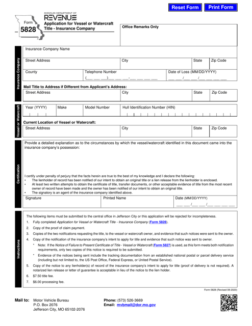 Form 5828 Application for Vessel or Watercraft Title - Insurance Company - Missouri