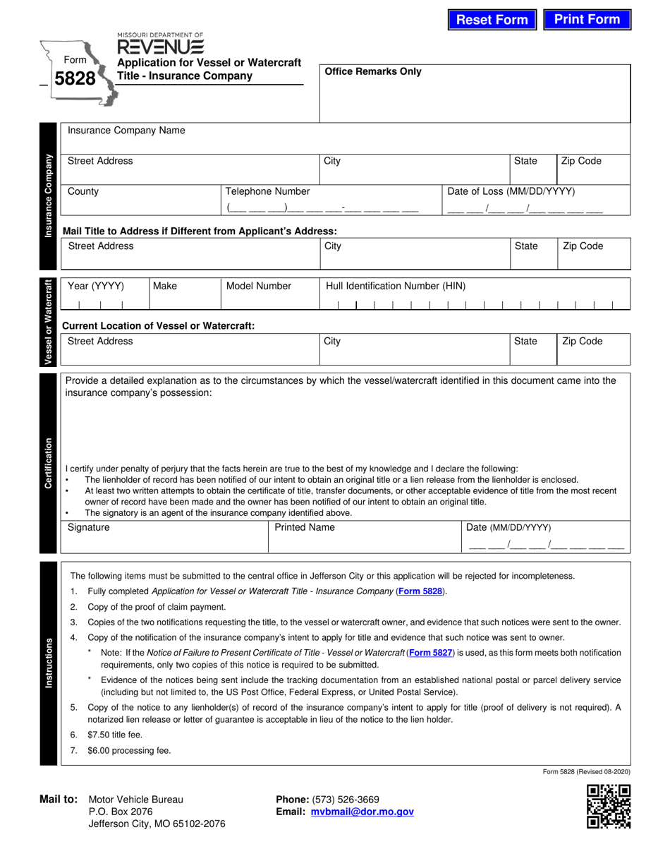 Form 5828 Application for Vessel or Watercraft Title - Insurance Company - Missouri, Page 1