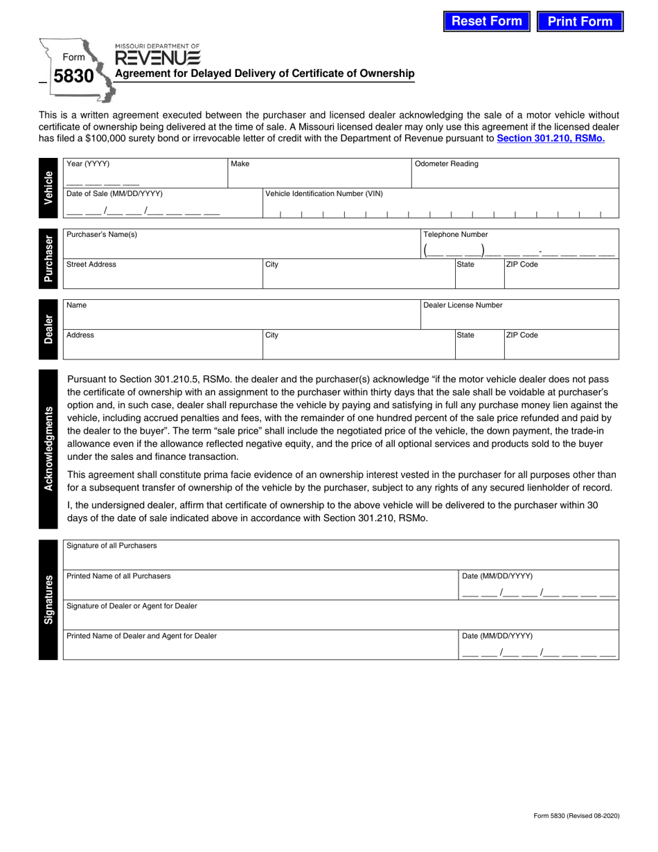 Form 5830 Agreement for Delayed Delivery of Certificate of Ownership - Missouri, Page 1