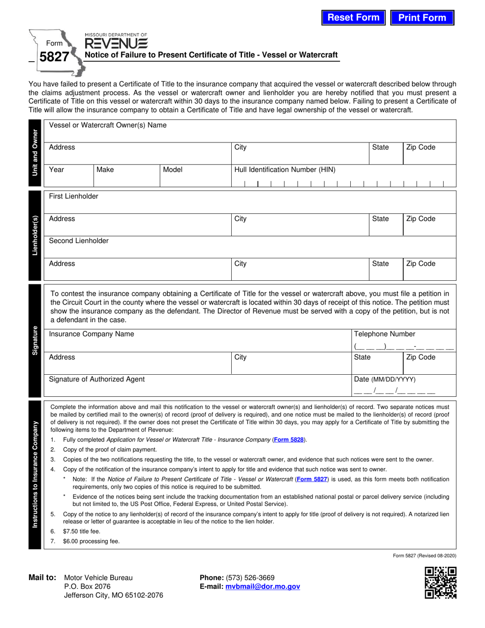 Form 5827 Notice of Failure to Present Certificate of Title - Vessel or Watercraft - Missouri, Page 1