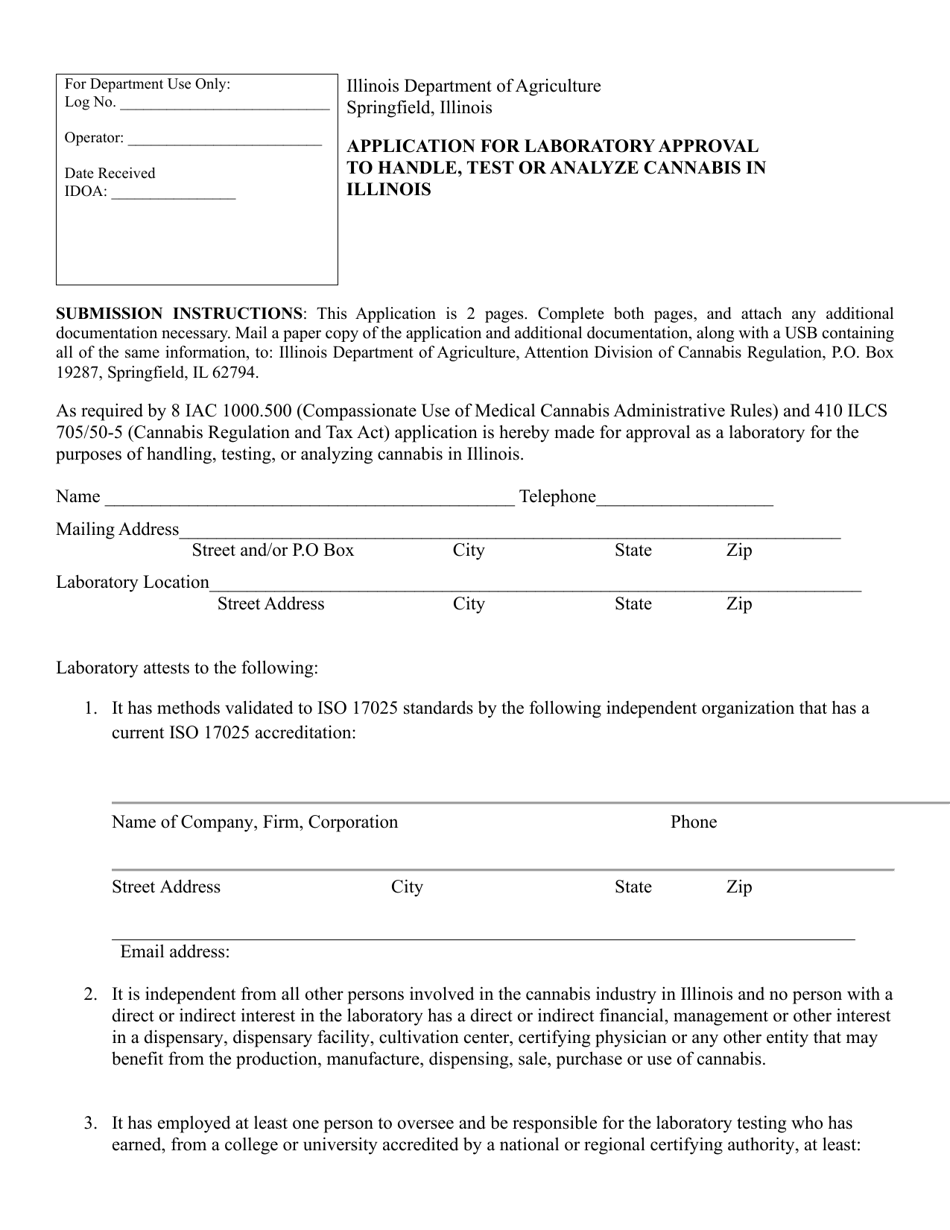 Application for Laboratory Approval to Handle, Test or Analyze Cannabis in Illinois - Illinois, Page 1