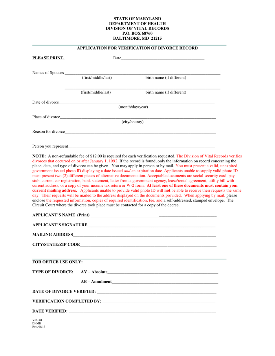 Form VRC-81 Application for Verification of Divorce Record - Maryland, Page 1