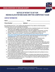 Notice of Intent to Sit for Indiana Elevator Mechanic Written Competency Exam - Indiana
