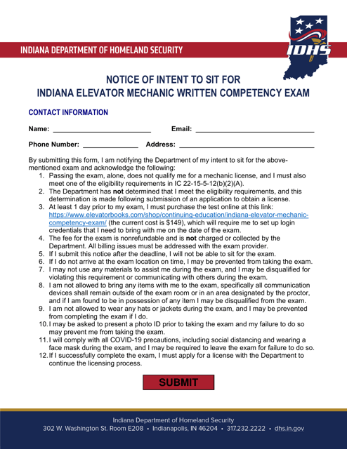 Notice of Intent to Sit for Indiana Elevator Mechanic Written Competency Exam - Indiana Download Pdf