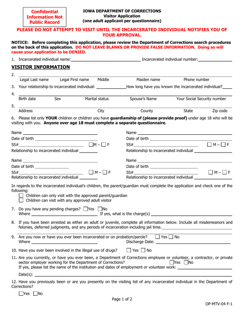 Form OP-MTV-04 F-1 Visitor Application (One Adult Applicant Per Questionnaire) - Iowa