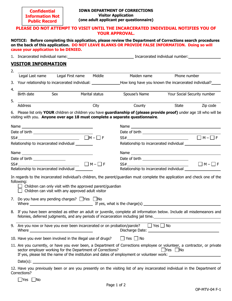 Form OP-MTV-04 F-1 Visitor Application (One Adult Applicant Per Questionnaire) - Iowa, Page 1