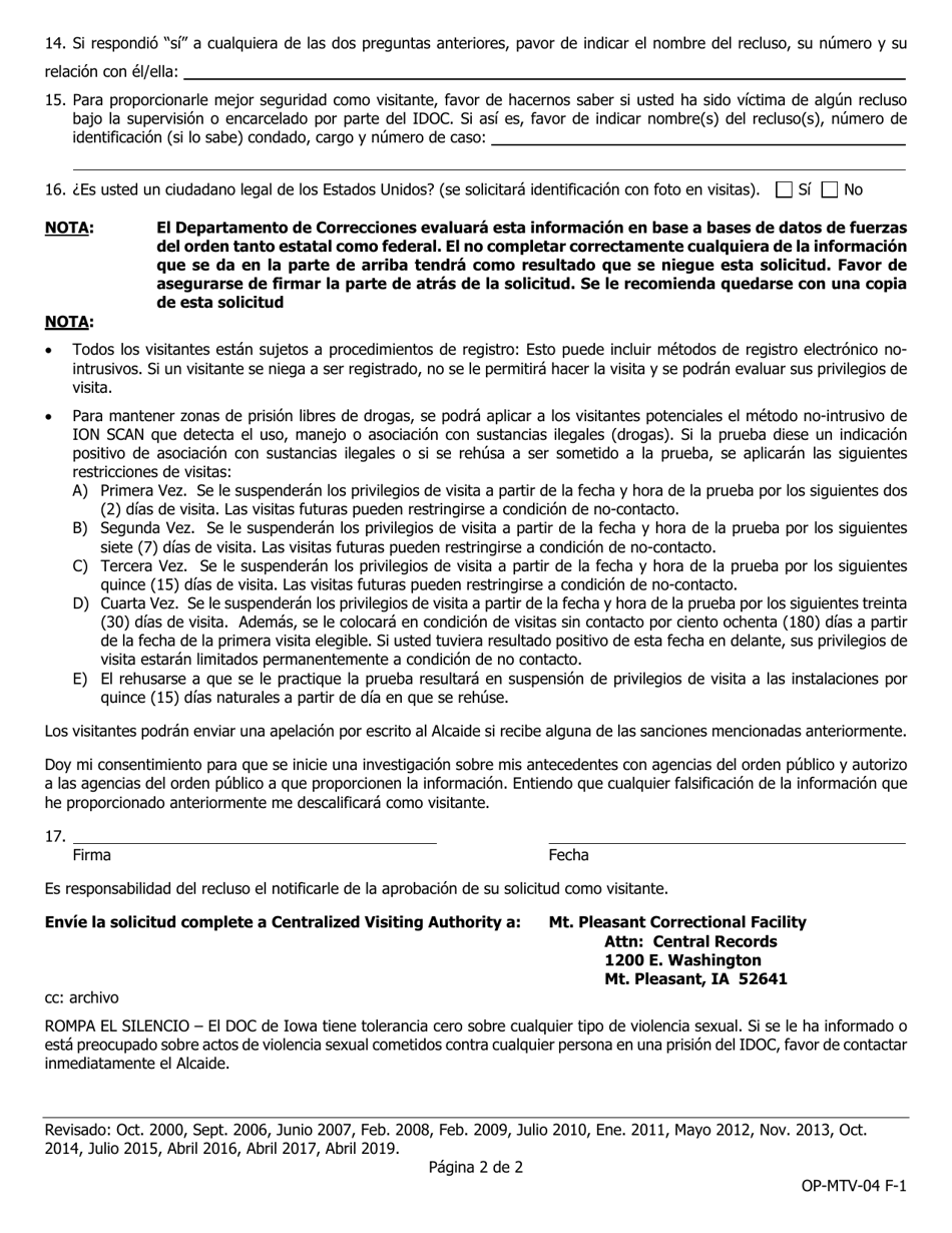 Formulario OP-MTV-04 F-1 Solicitud De Visitante (Un Solicitante Adulto Por Cada Cuestionario) - Iowa (Spanish), Page 2