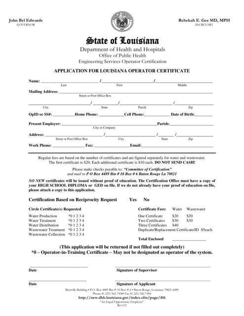 Application for Louisiana Operator Certificate - Louisiana Download Pdf