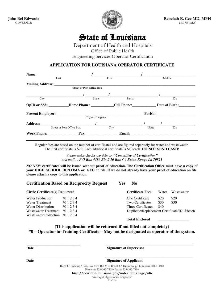 Application for Louisiana Operator Certificate - Louisiana, Page 1