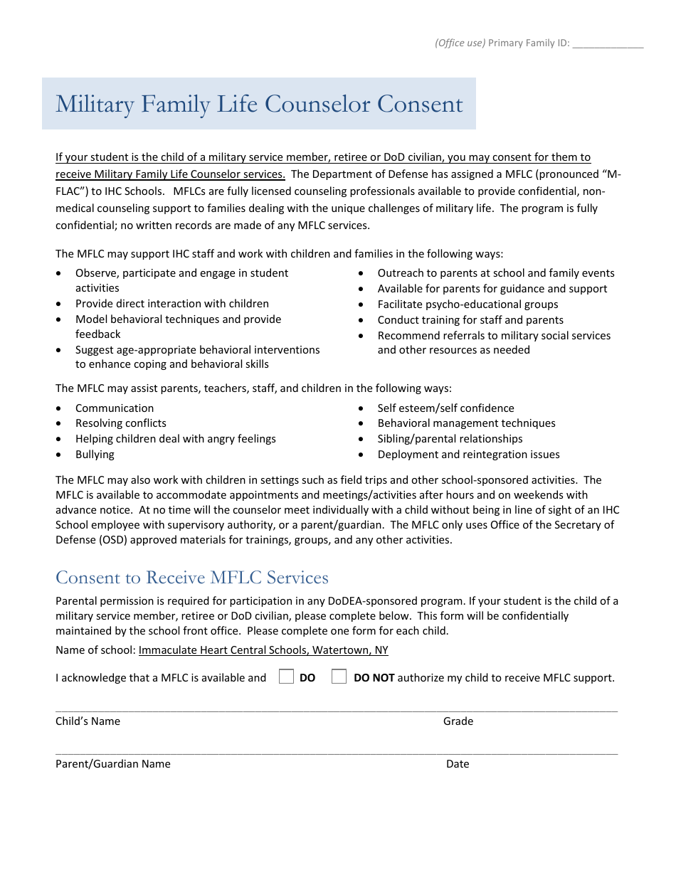 Military Family Life Counselor Consent Form, Page 1