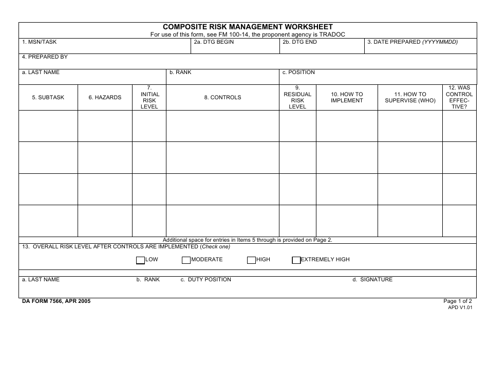 DA Form 7566 Composite Risk Management Worksheet, Page 1