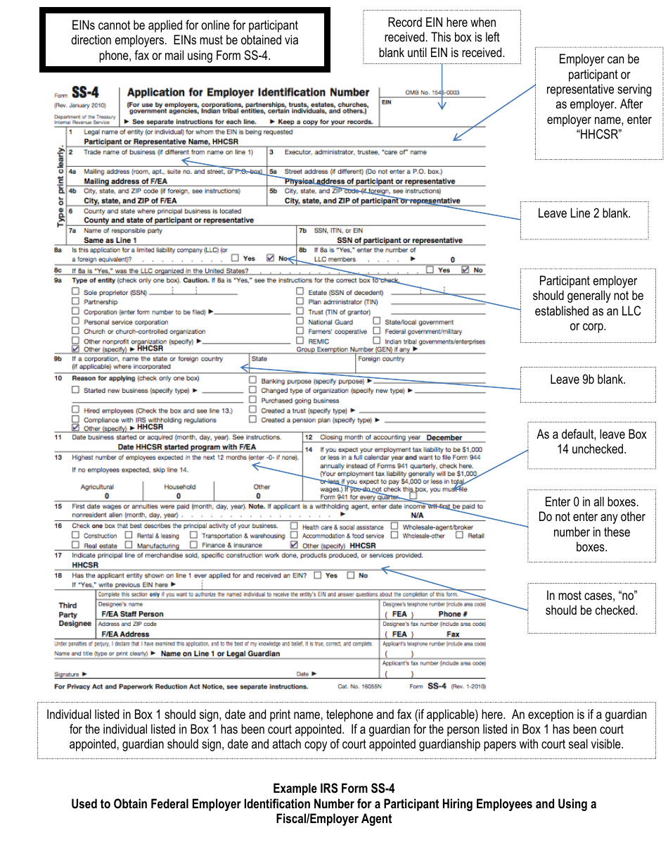 Sample IRS Form SS-4 Application for Employer Identification Number (Home Health Care Service Recipients), Page 1