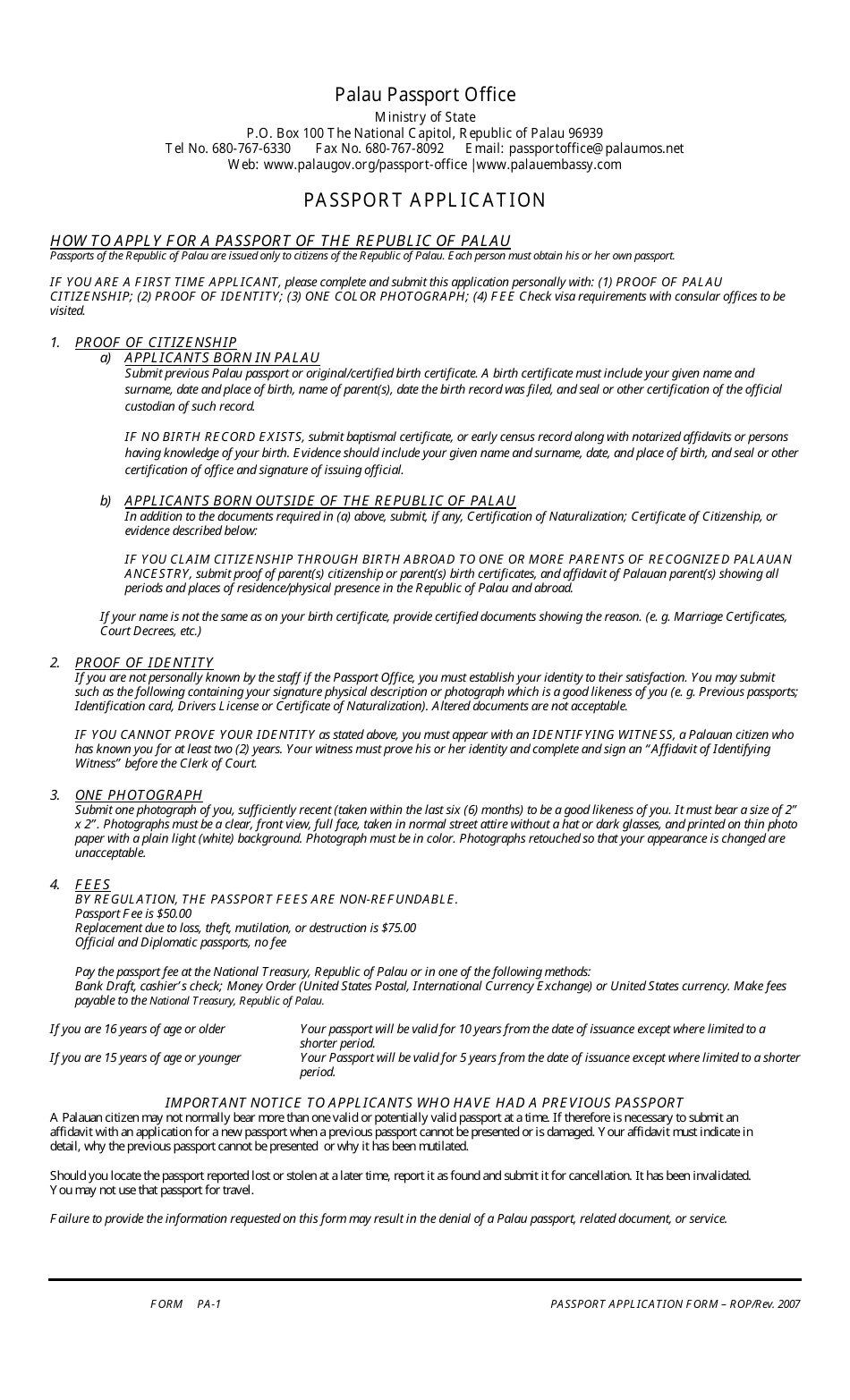 Form PA-1 Passport Application - Palau, Page 1