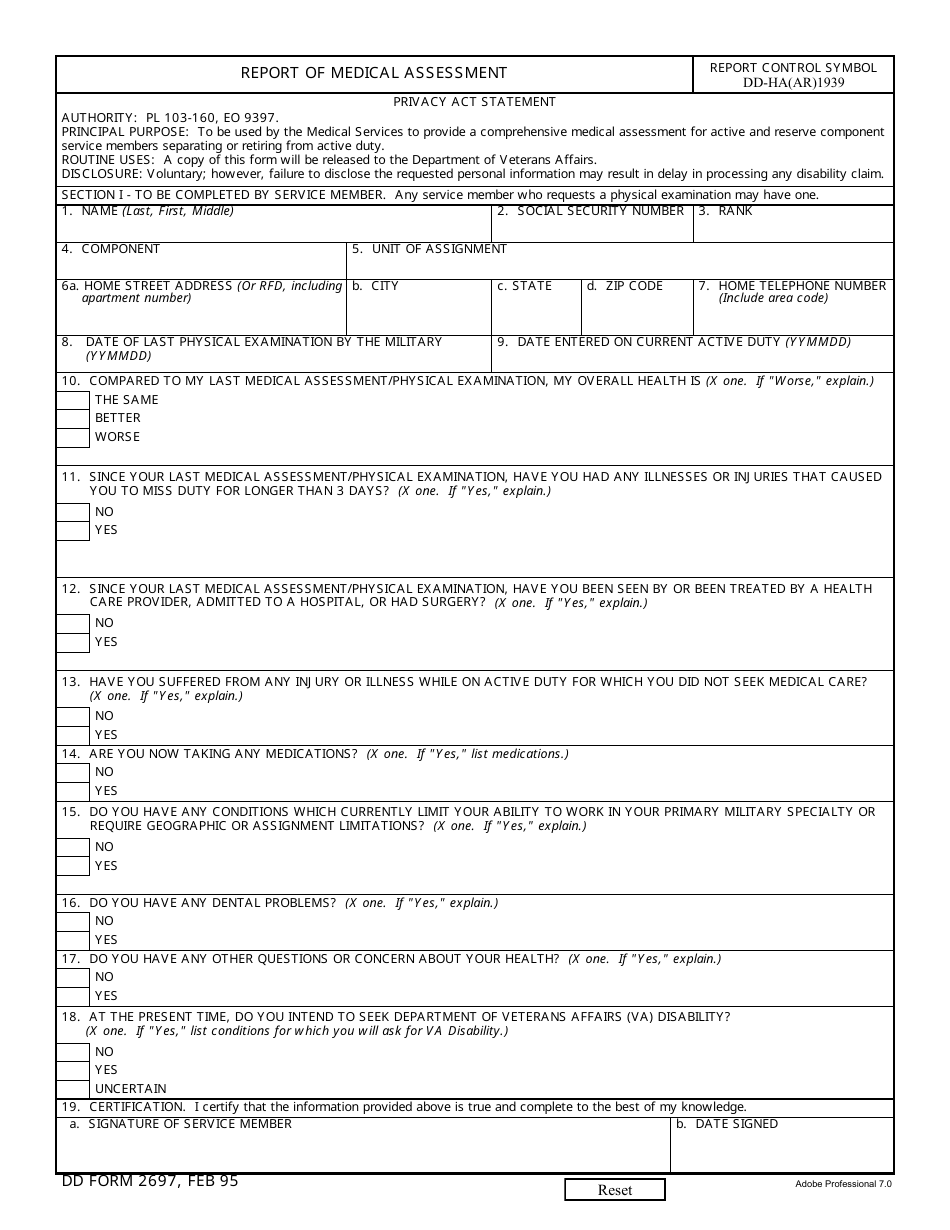 DD Form 2697 Report of Medical Assessment, Page 1
