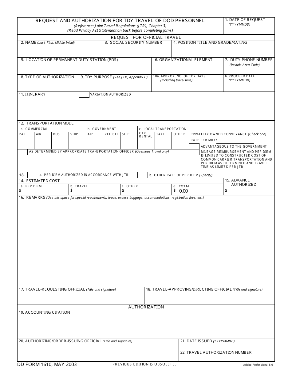 DD Form 1610 Request and Authorization for TDY Travel of DoD Personnel, Page 1