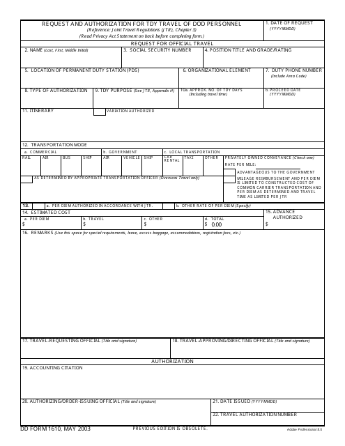 DD Form 1610 Download Fillable PDF, Request and Authorization for TDY ...