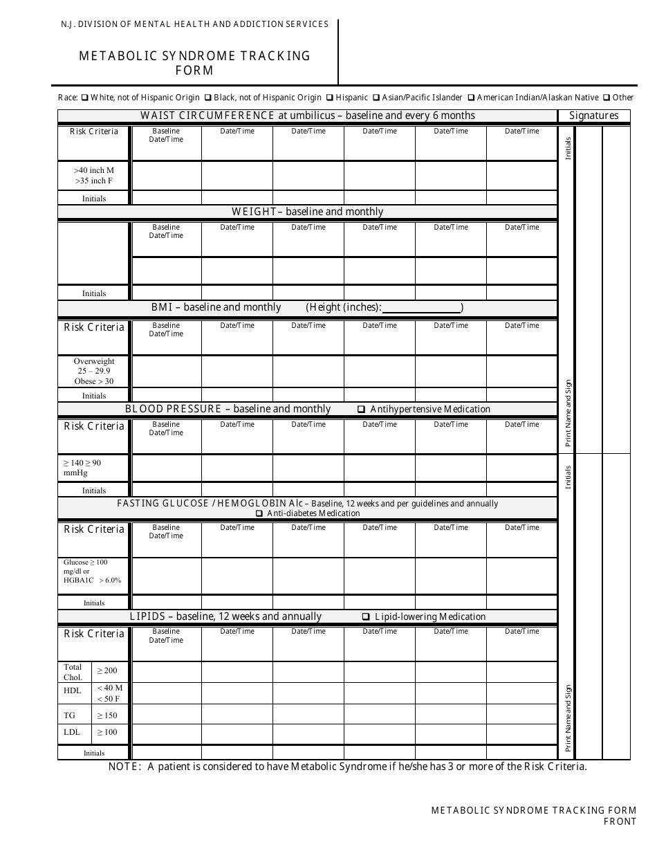 Metabolic Syndrome Tracking Form - New Jersey, Page 1