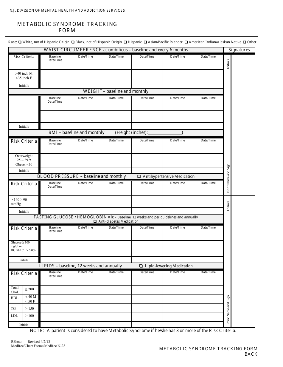 New Jersey Metabolic Syndrome Tracking Form - Fill Out, Sign Online and ...