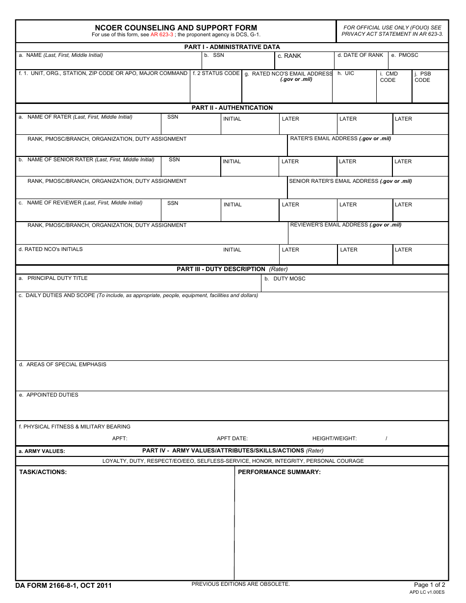 DA Form 2166-8-1 NCOER Counseling and Support Form, Page 1