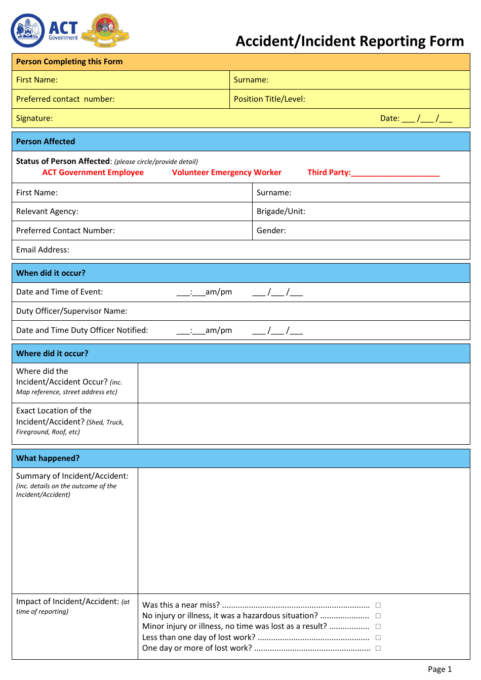 Accident / Incident Reporting Form - Australia, Page 1