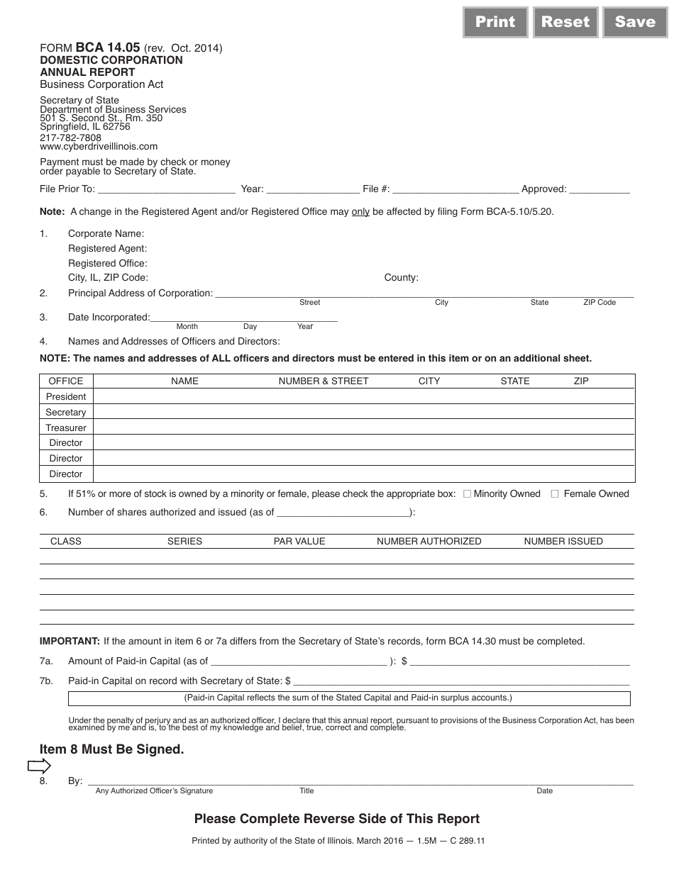 Form BCA14.05 Domestic Corporation Annual Report - Illinois, Page 1