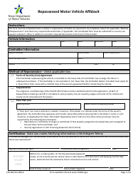 Document preview: Form VTR-264 Repossessed Motor Vehicle Affidavit - Texas
