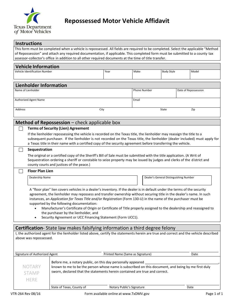 Form VTR-264 Repossessed Motor Vehicle Affidavit - Texas, Page 1