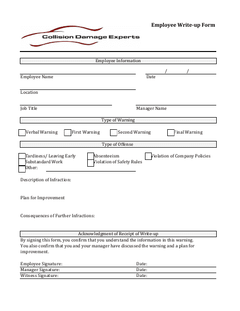 Employee Write-Up Form - Collision Damage Experts Download Pdf