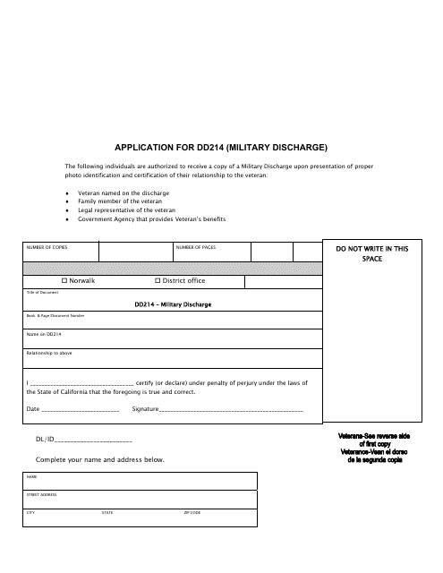 Application for Dd214 (Military Discharge) - County of Los Angeles, California Download Pdf