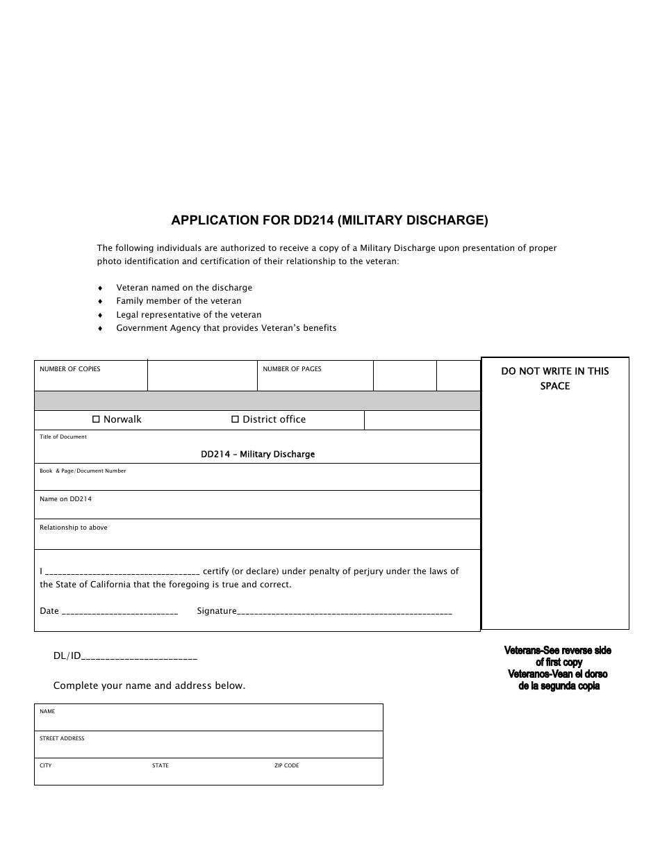 Application for Dd214 (Military Discharge) - County of Los Angeles, California, Page 1