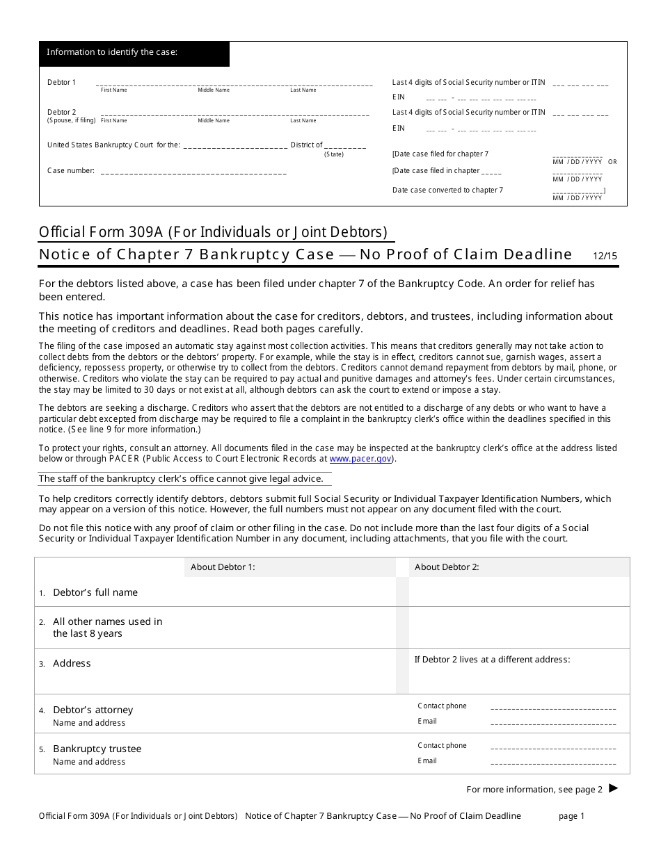 Official Form 309A Notice of Chapter 7 Bankruptcy Case - No Proof of Claim Deadline, Page 1