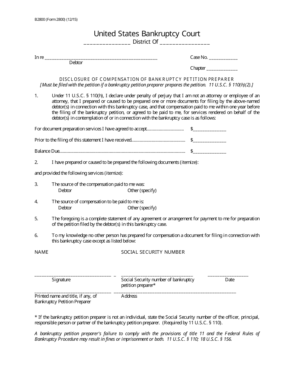 Form B2800 Disclosure of Compensation of Bankruptcy Petition Preparer, Page 1