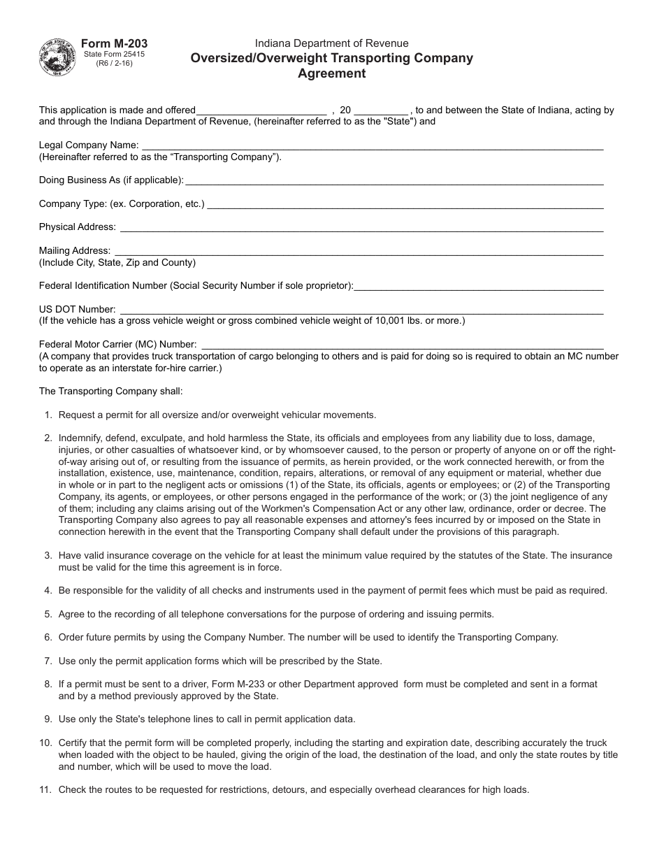 Form M-203 (State Form 25415) Oversized / Overweight Transporting Company Agreement - Indiana, Page 1
