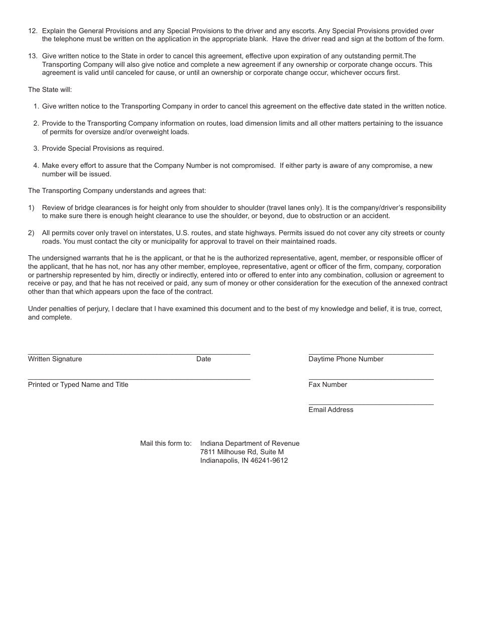Form M-203 (State Form 25415) Oversized / Overweight Transporting Company Agreement - Indiana, Page 2