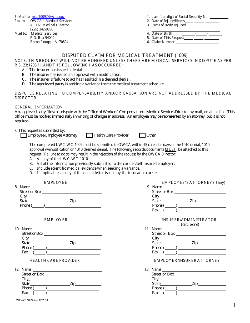 Form LWC-WC1009 Disputed Claim for Medical Treatment - Louisiana, Page 1