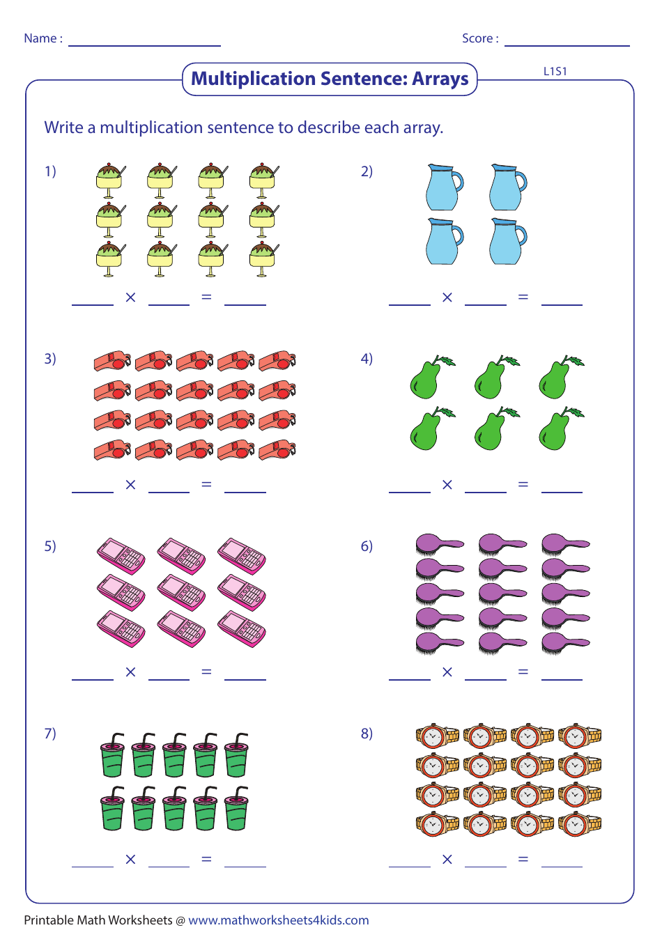 arrays multiplication sentence worksheet with answer key