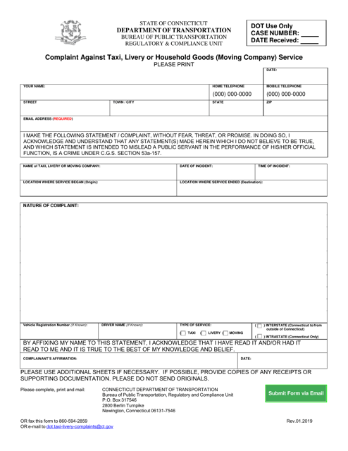 Complaint Against Taxi, Livery or Household Goods (Moving Company) Service - Connecticut Download Pdf