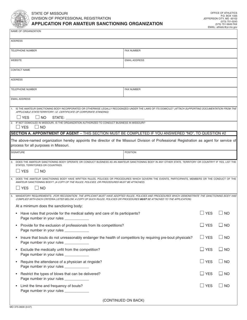 Form MO375-0609 Application for Amateur Sanctioning Organization - Missouri, Page 1