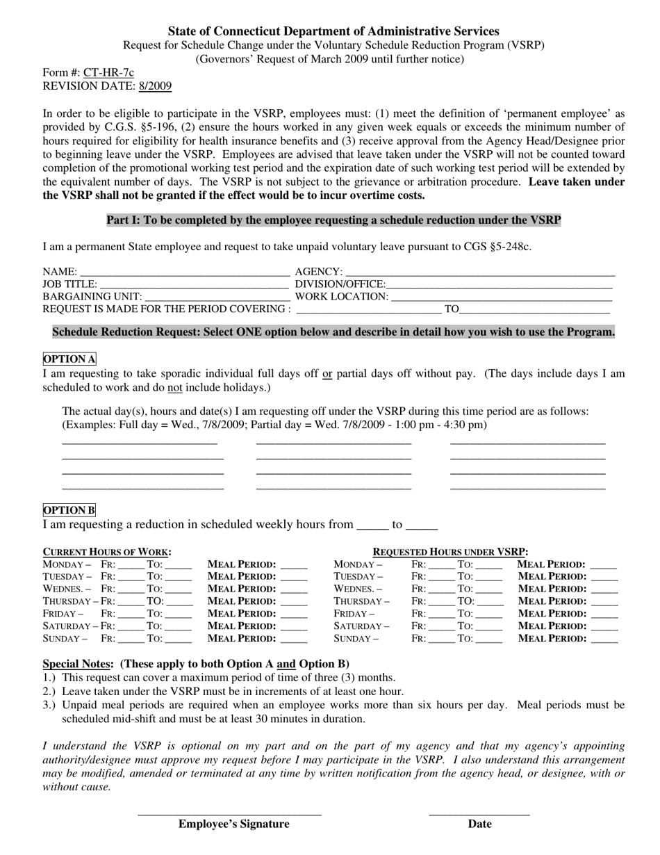 Form CT-HR-7C Request for Schedule Change Under the Voluntary Schedule Reduction Program (Vsrp) - Connecticut, Page 1