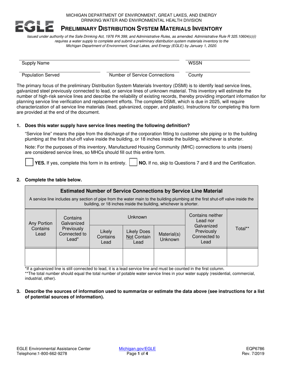 Form EQP6786 Preliminary Distribution System Materials Inventory (Dsmi) Reporting Form - Michigan, Page 1