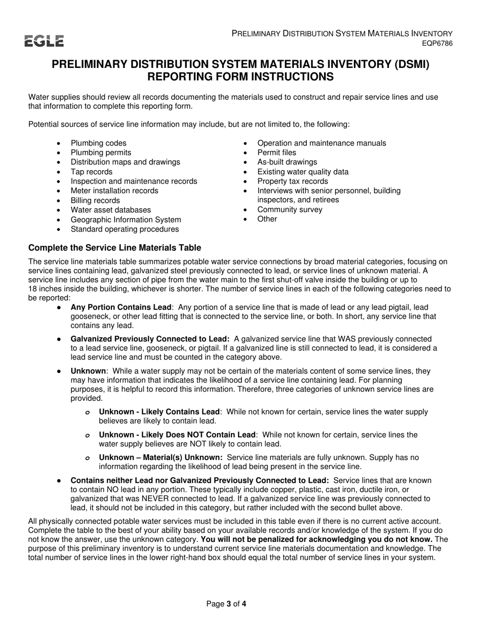 Form EQP6786 Preliminary Distribution System Materials Inventory (Dsmi) Reporting Form - Michigan, Page 3