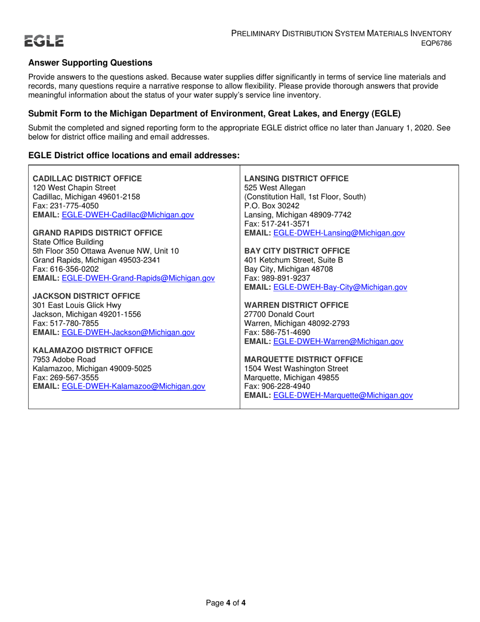 Form EQP6786 Preliminary Distribution System Materials Inventory (Dsmi) Reporting Form - Michigan, Page 4