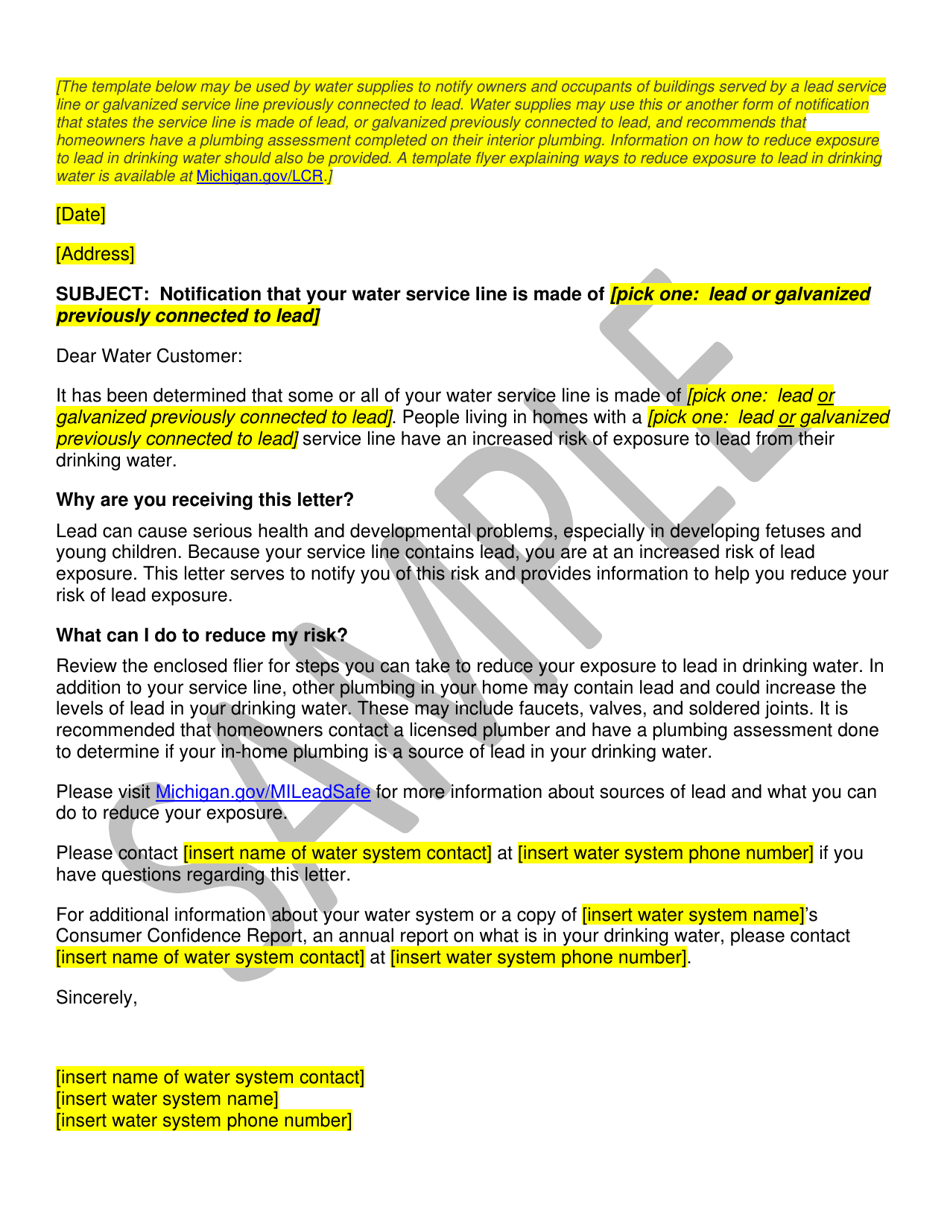 Template Notice of Known Lead Service Line - Sample - Michigan, Page 1