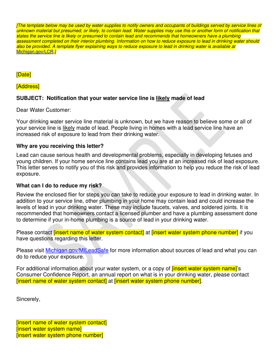 Template Notice of Likely Lead Service Line - Sample - Michigan, Page 1