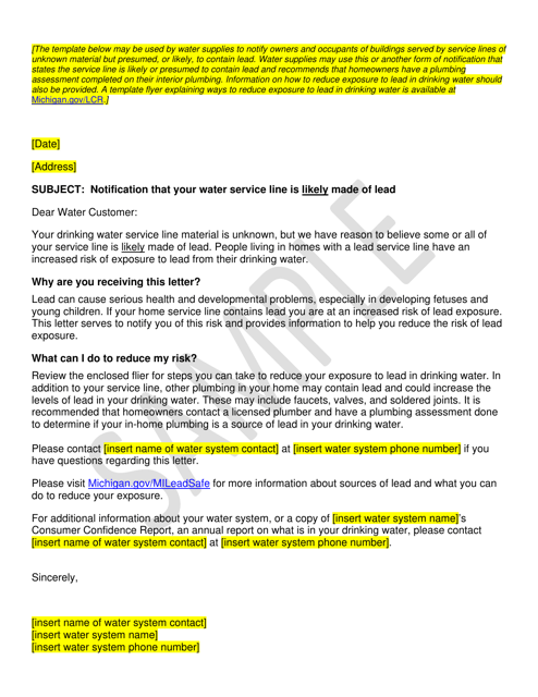 Template Notice of Likely Lead Service Line - Sample - Michigan Download Pdf